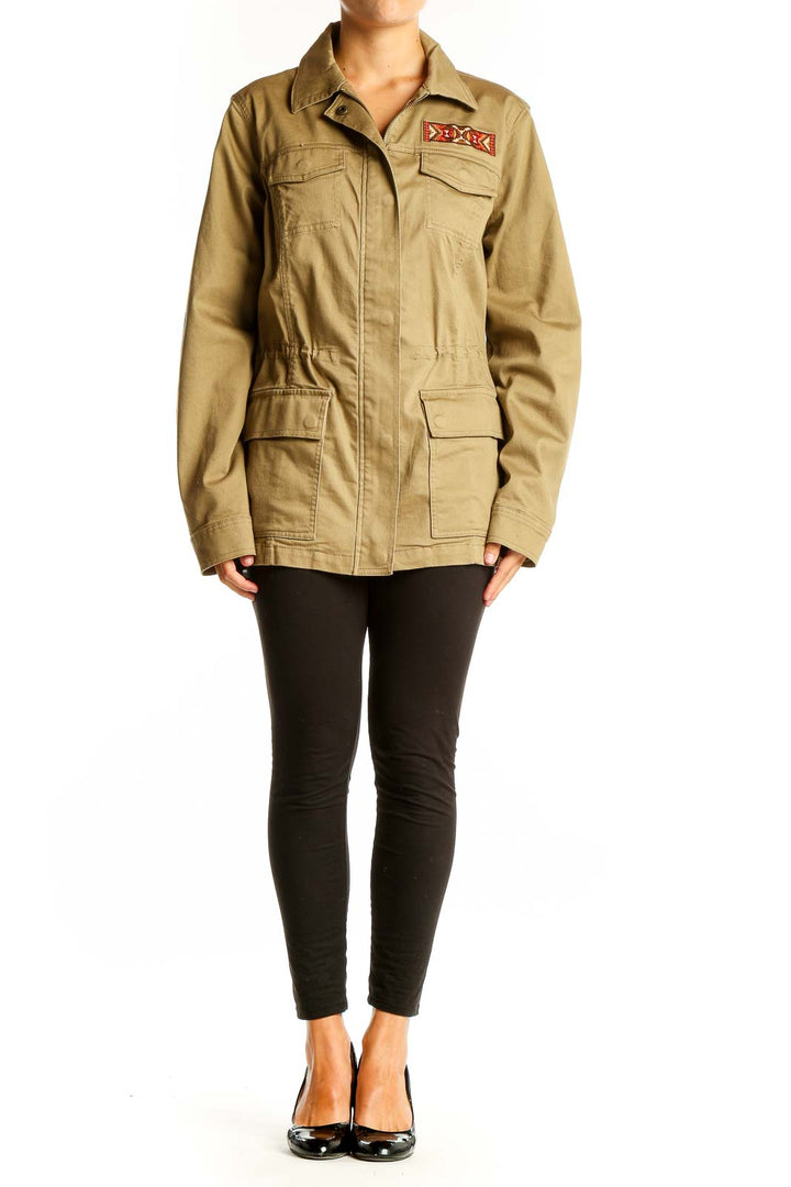 Front view of Orvis khaki military-style utility jacket with multiple pockets