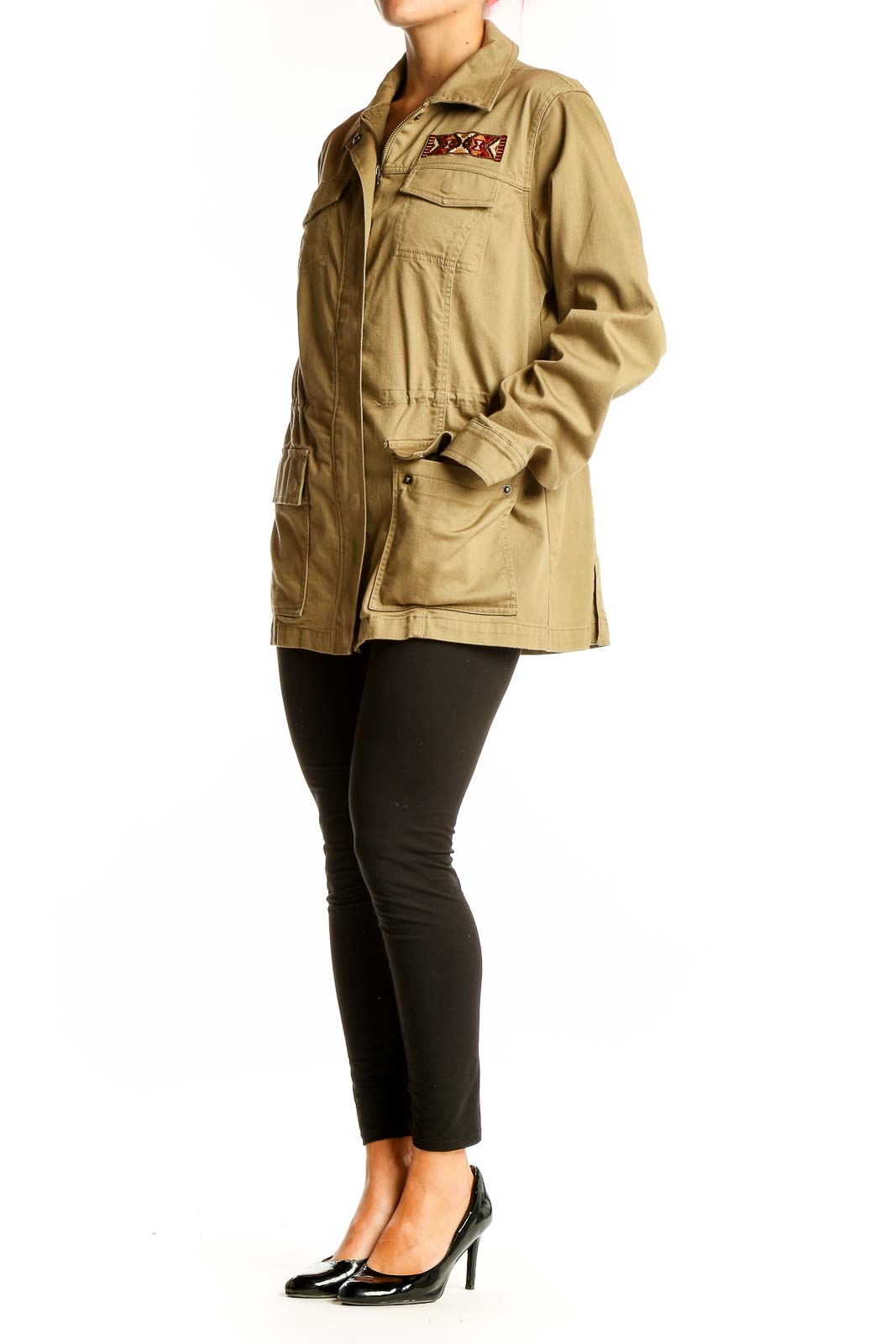 Front view of Orvis khaki military-style utility jacket with multiple pockets