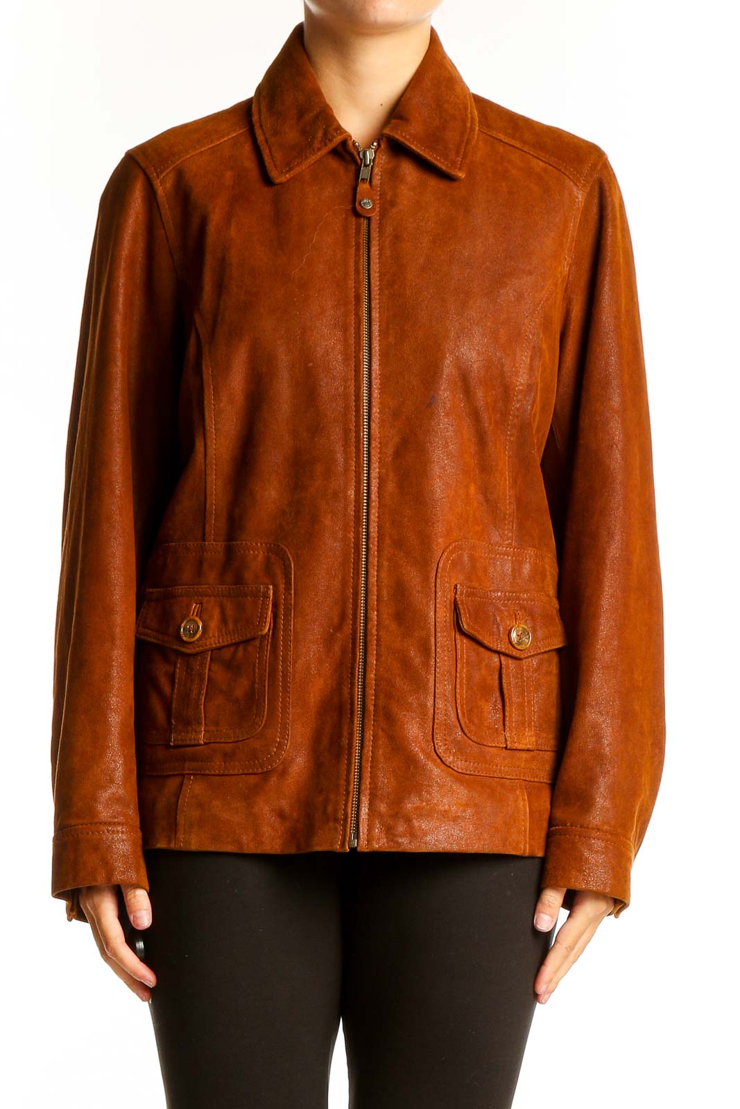 Front view of brown genuine leather zip-up jacket from The Territory Ahead