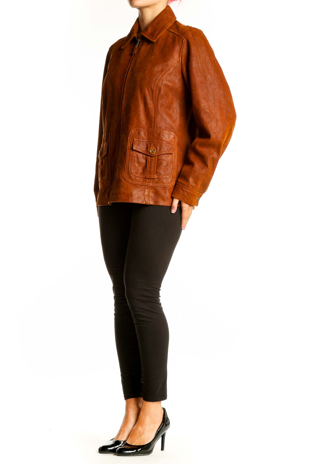 Front view of brown genuine leather zip-up jacket from The Territory Ahead
