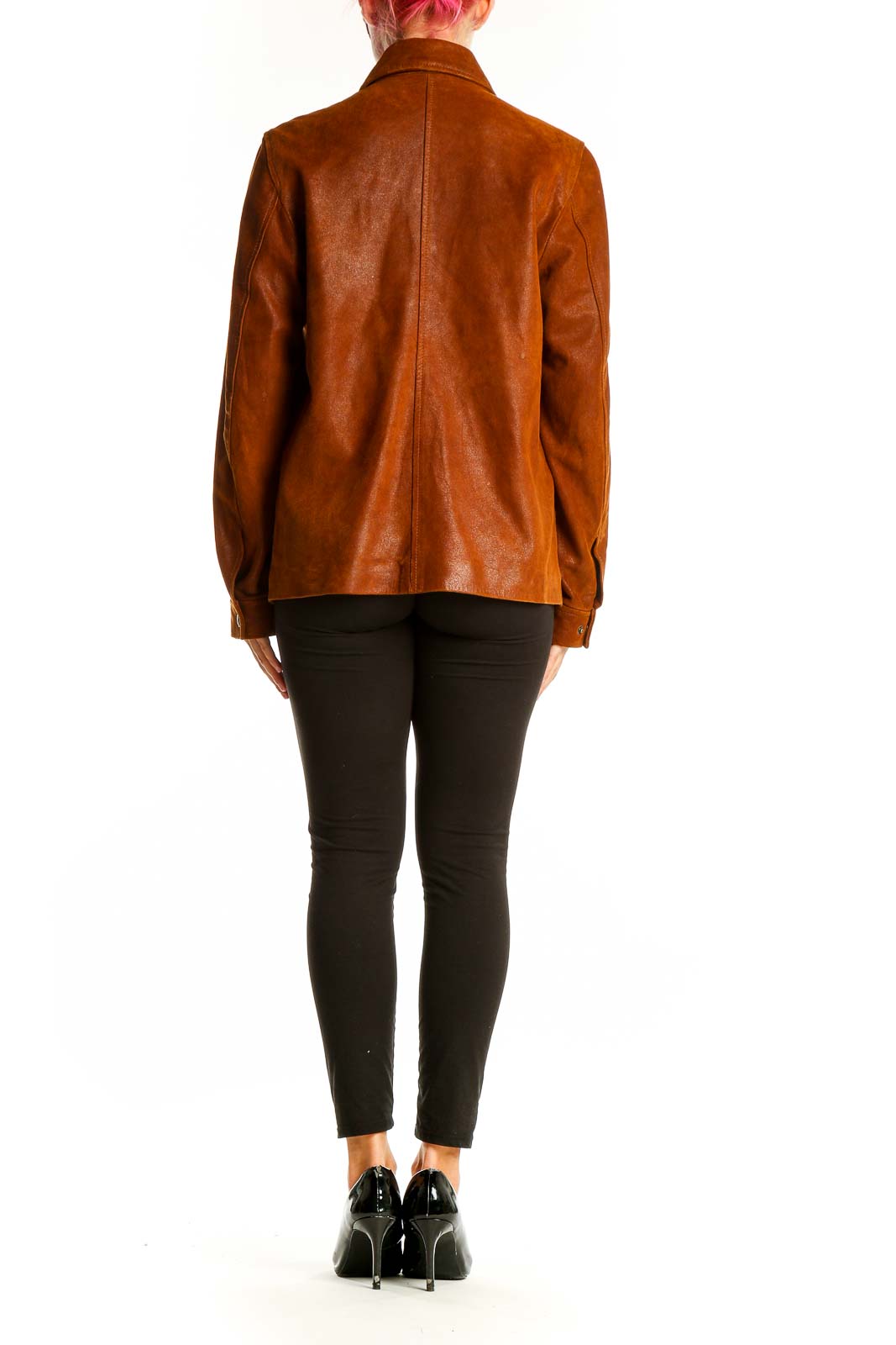 Side view of brown genuine leather zip-up jacket from The Territory Ahead