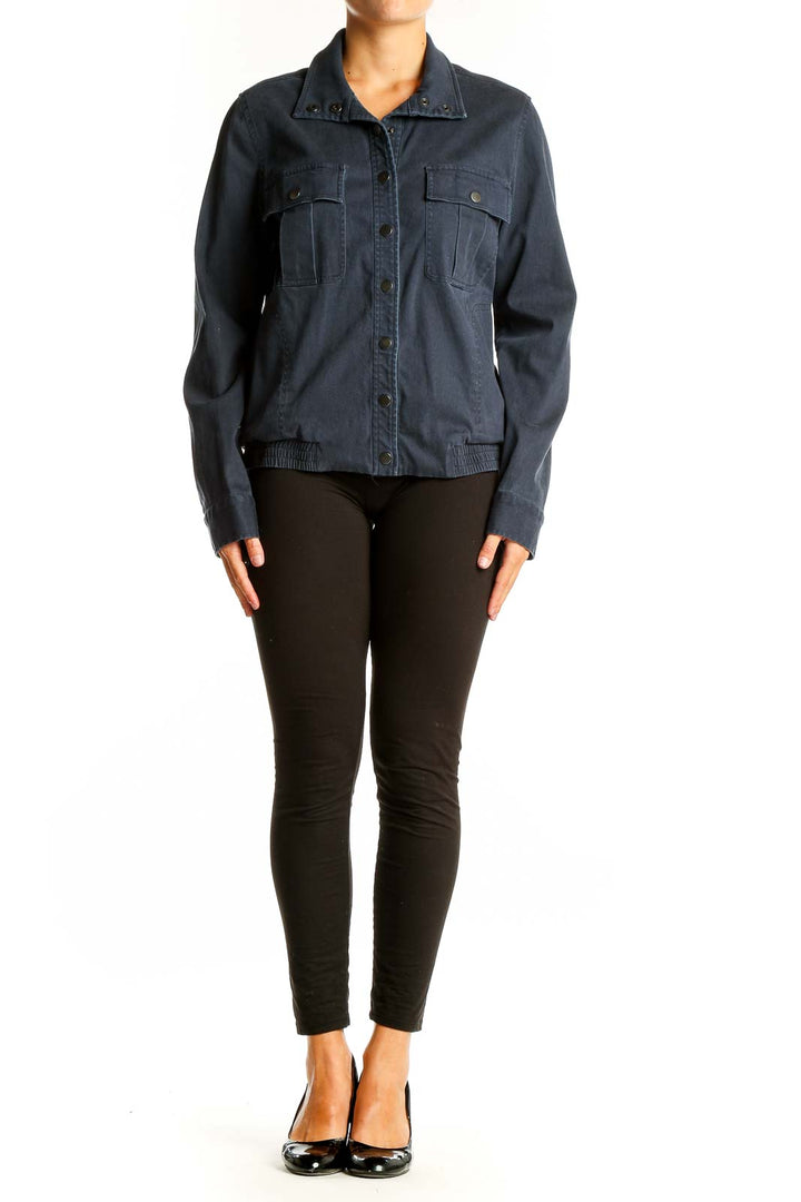 Front view of Pendleton navy utility jacket with button closure and chest pockets