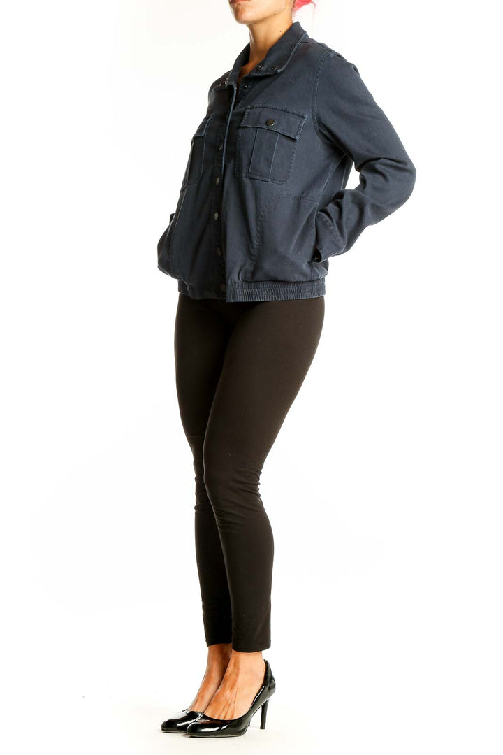 Front view of Pendleton navy utility jacket with button closure and chest pockets