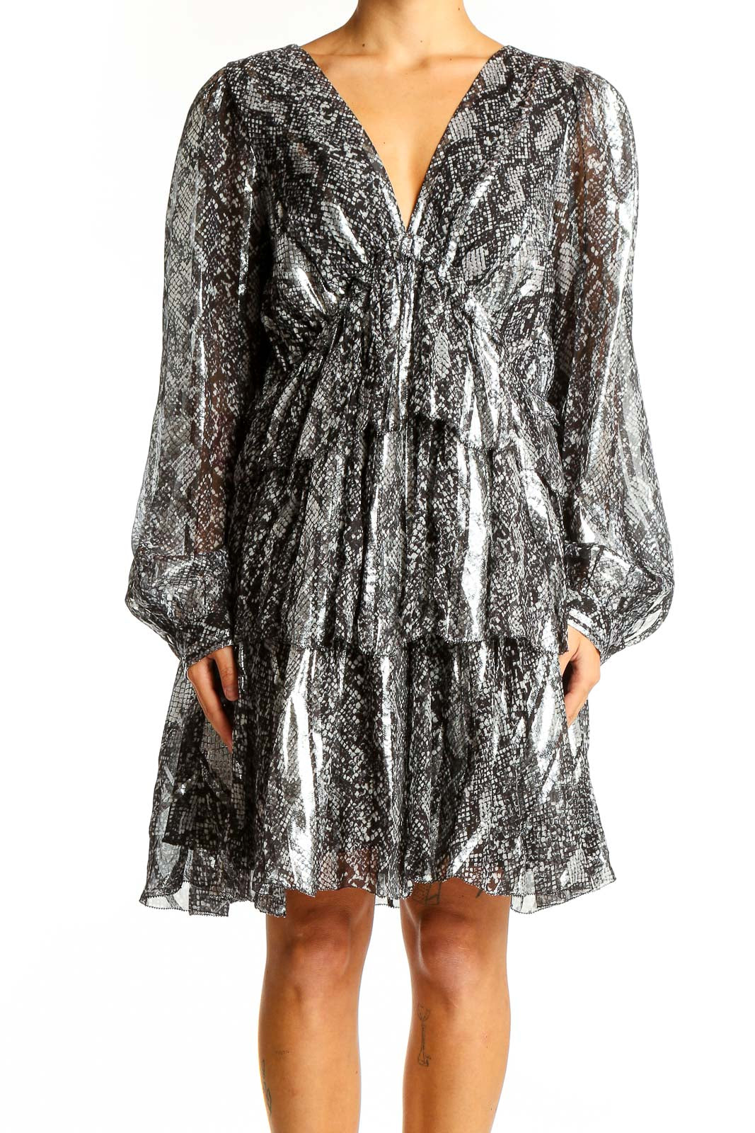 Front view of MICHAEL Michael Kors silver metallic snakeskin print cocktail dress with V-neck and tiered ruffles