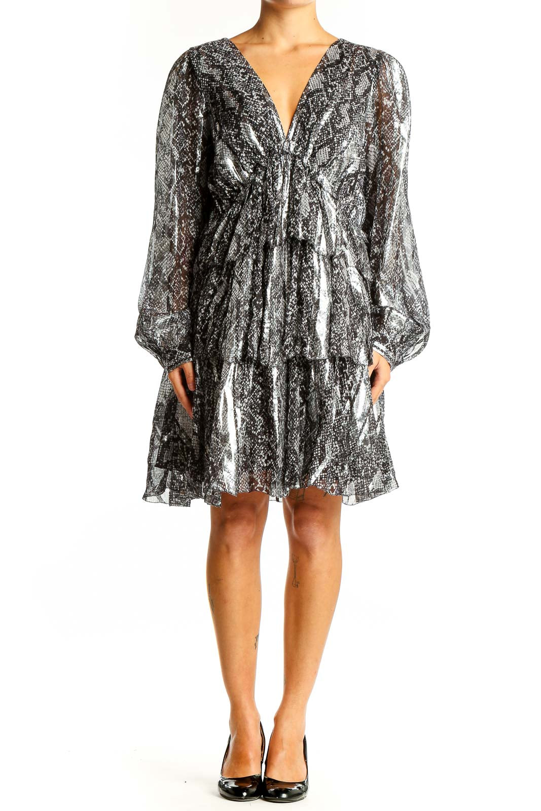 Front view of MICHAEL Michael Kors silver metallic snakeskin print cocktail dress with V-neck and tiered ruffles