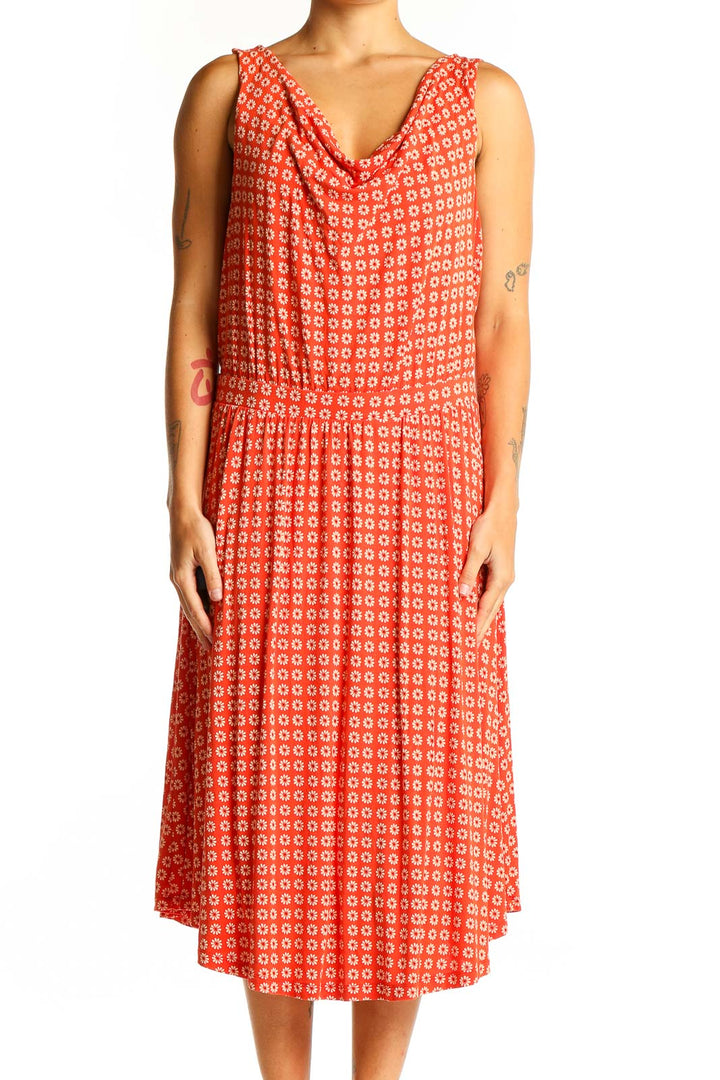 Front view of Maeve red geometric print midi dress with cowl neck