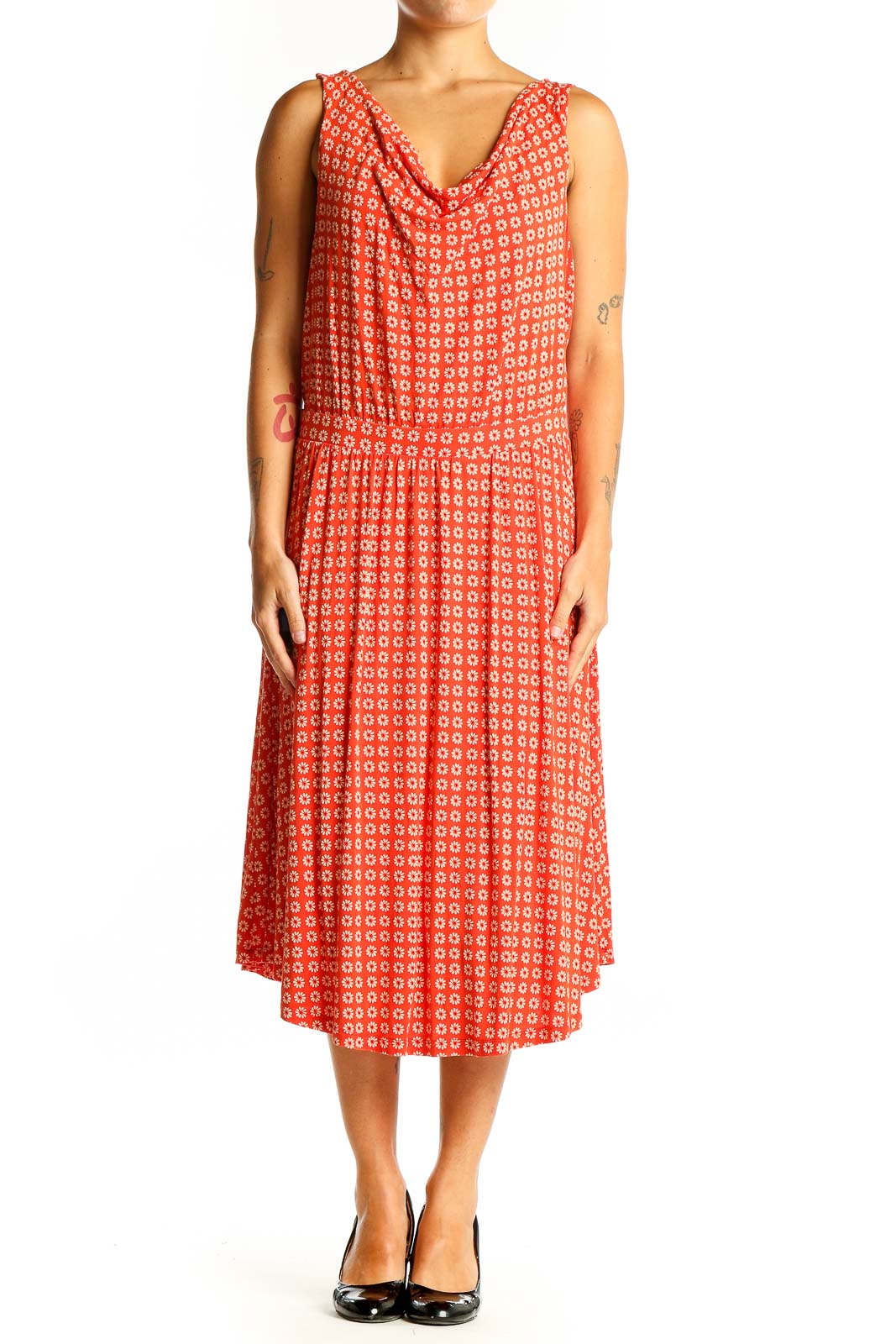 Front view of Maeve red geometric print midi dress with cowl neck