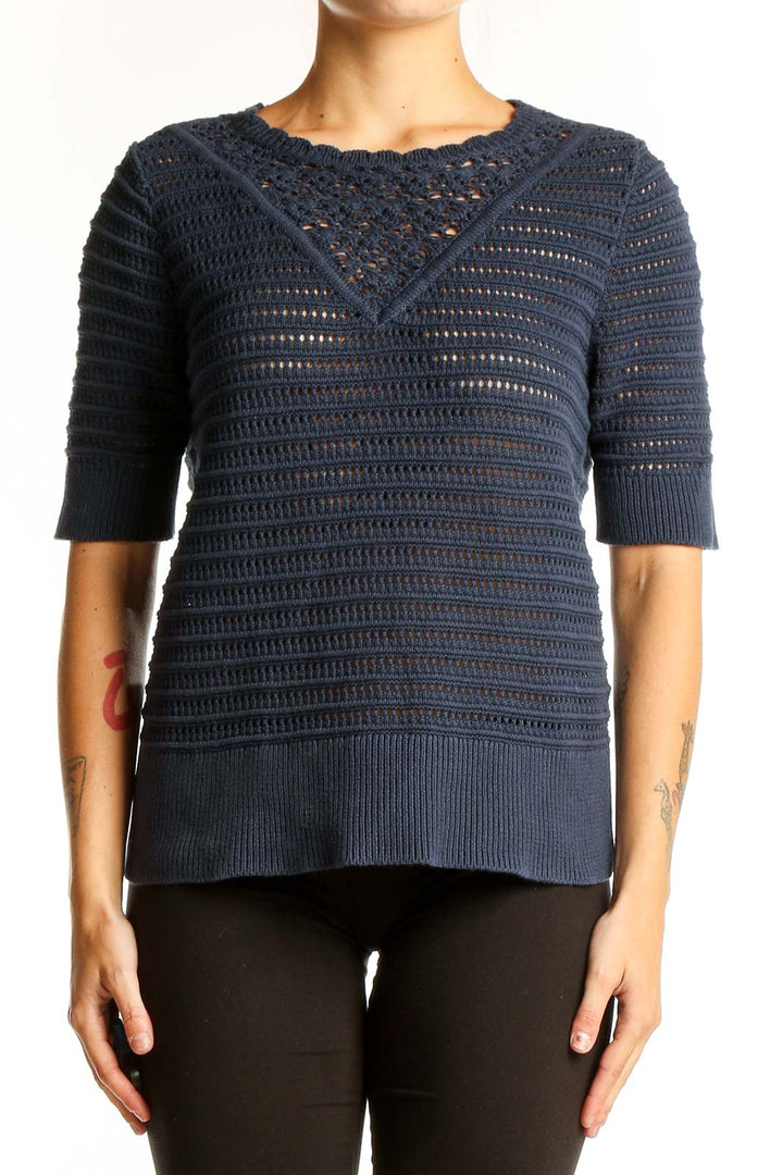 Front view of Lucky Brand navy crochet knit short sleeve sweater