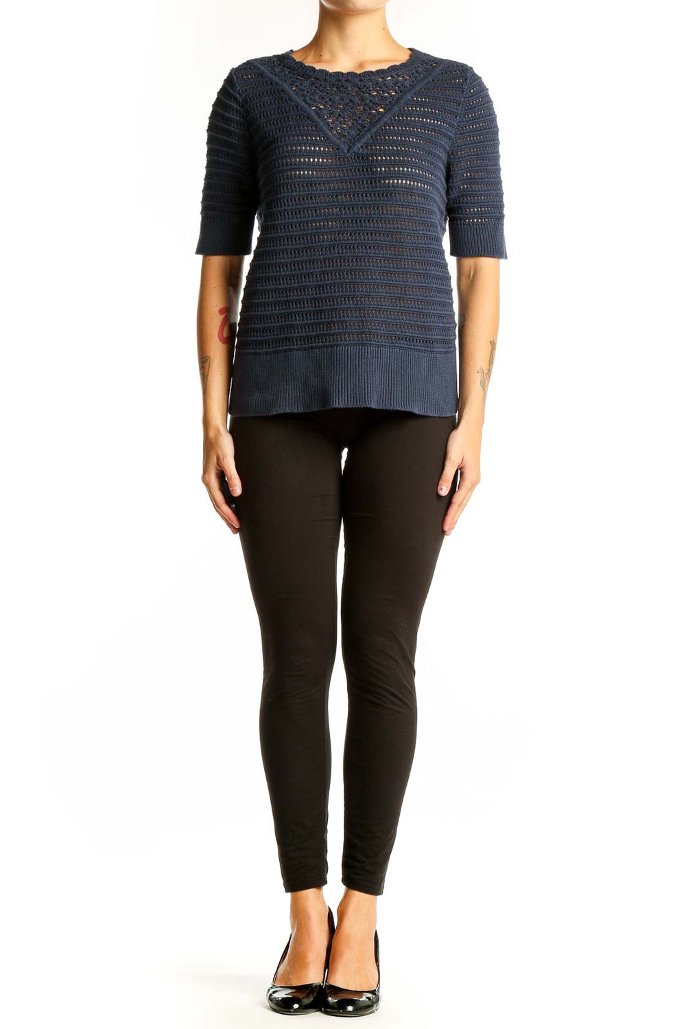 Front view of Lucky Brand navy crochet knit short sleeve sweater