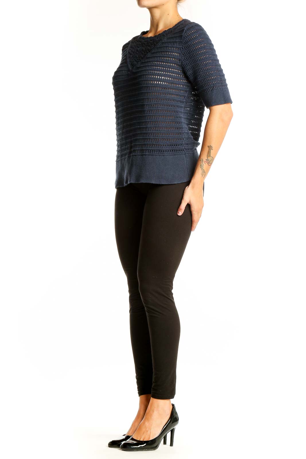 Front view of Lucky Brand navy crochet knit short sleeve sweater