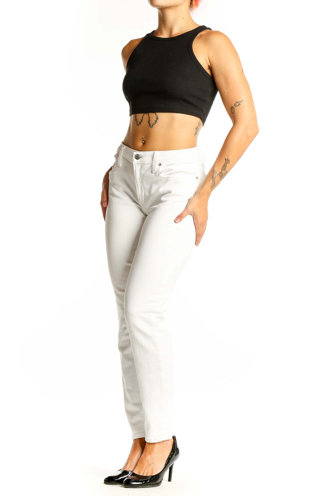 Front view of white slim fit J.Crew denim jeans