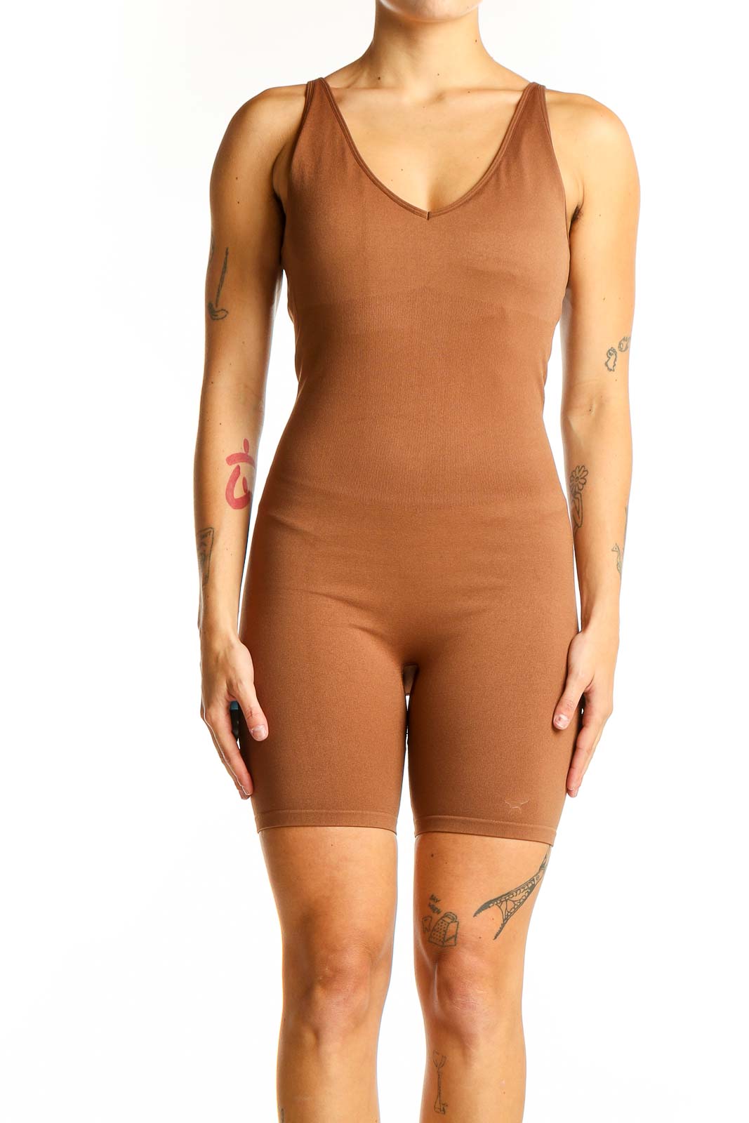 Front view of Pink Active brown bodycon jumpsuit with V-neck