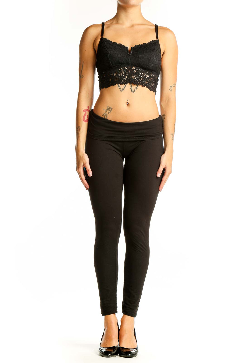 Front view of black lace crop top with sweetheart neckline