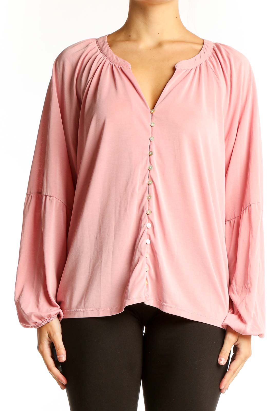 Front view of pink Lucky Brand button-down blouse with balloon sleeves