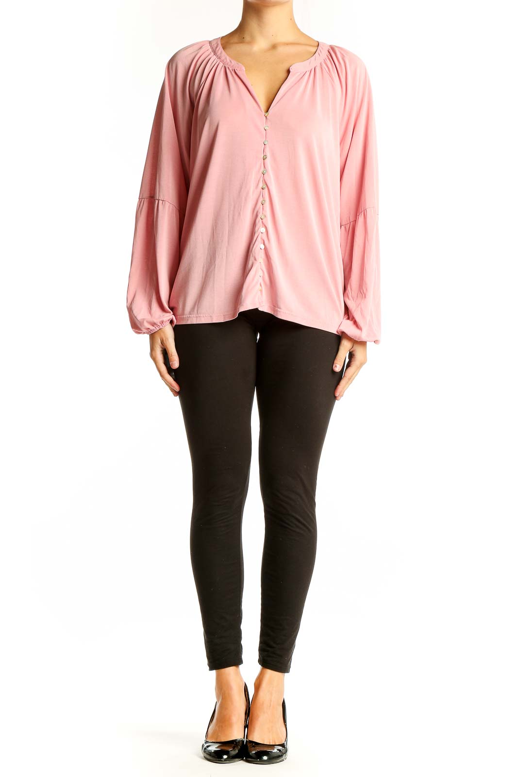 Front view of pink Lucky Brand button-down blouse with balloon sleeves