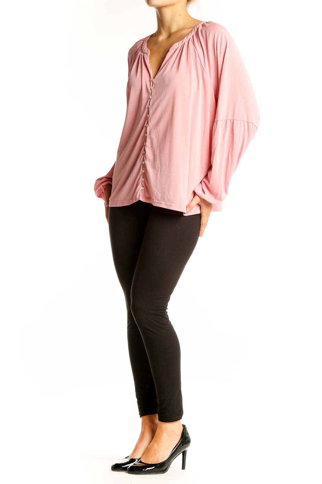 Front view of pink Lucky Brand button-down blouse with balloon sleeves