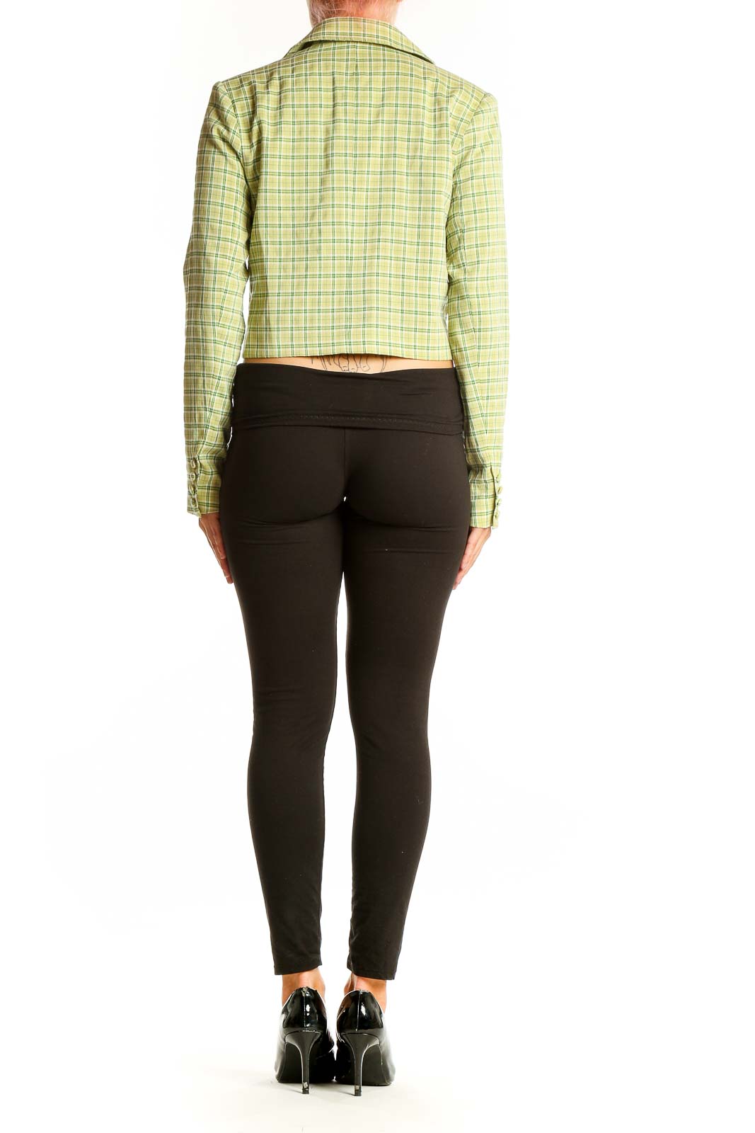 Back view of yellow plaid cropped blazer from OAT NEW YORK on model
