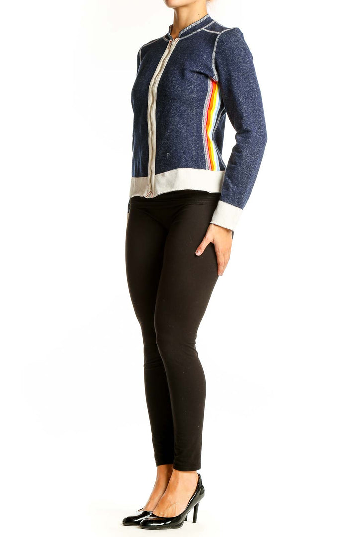 Front view of Hush navy zip-up jacket with rainbow side stripes