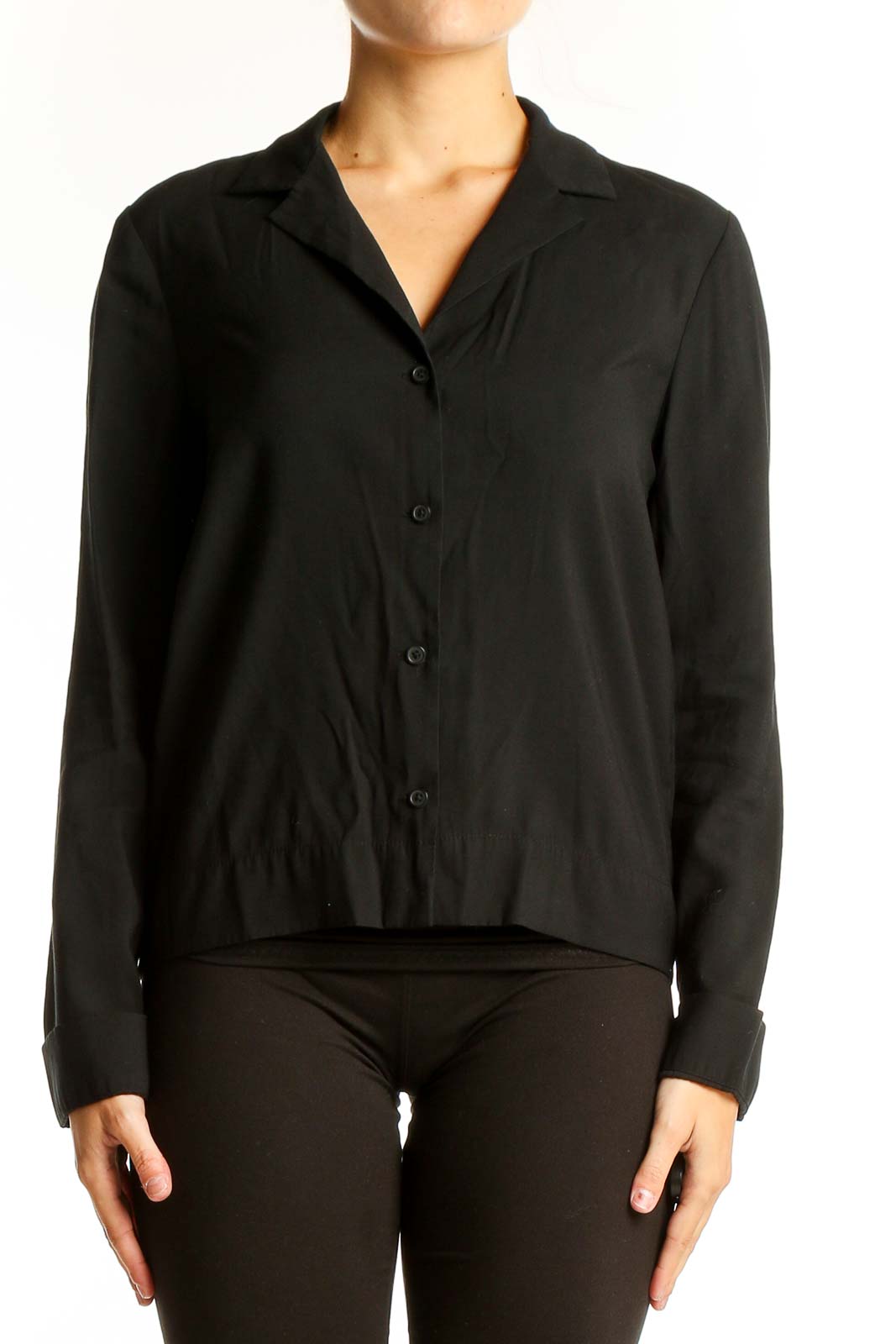 Front view of black Calvin Klein button-up long sleeve blouse