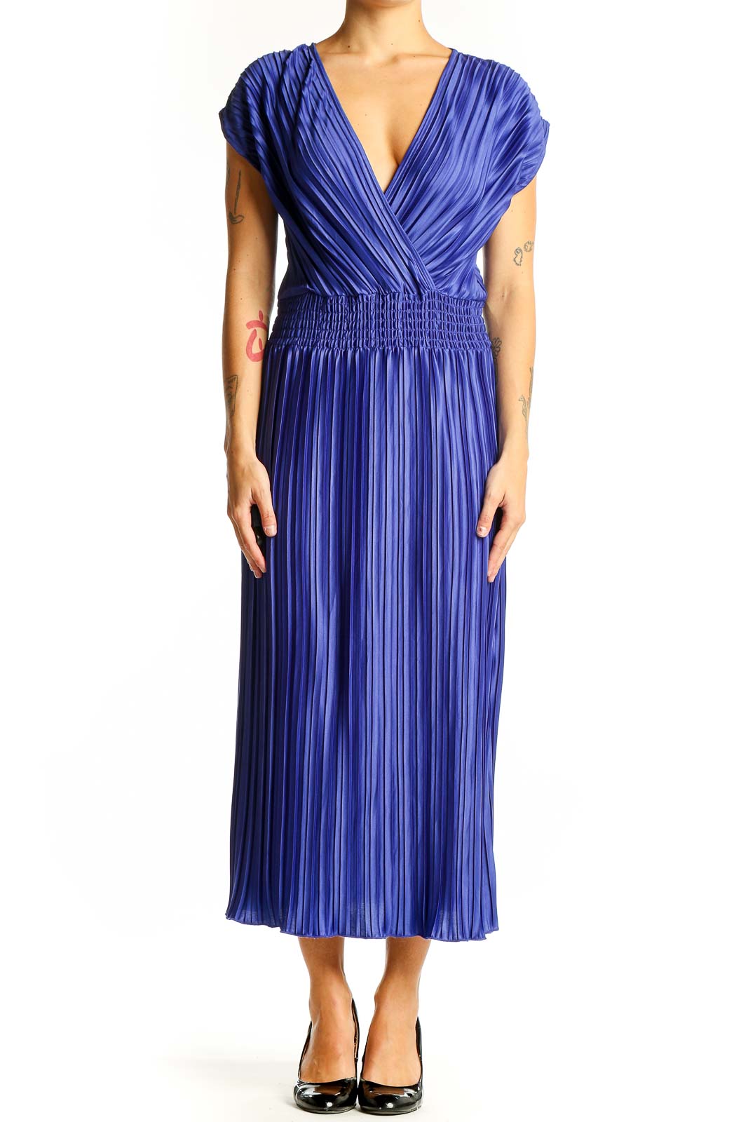 Front view of blue pleated DKNY midi dress with V-neck wrap bodice