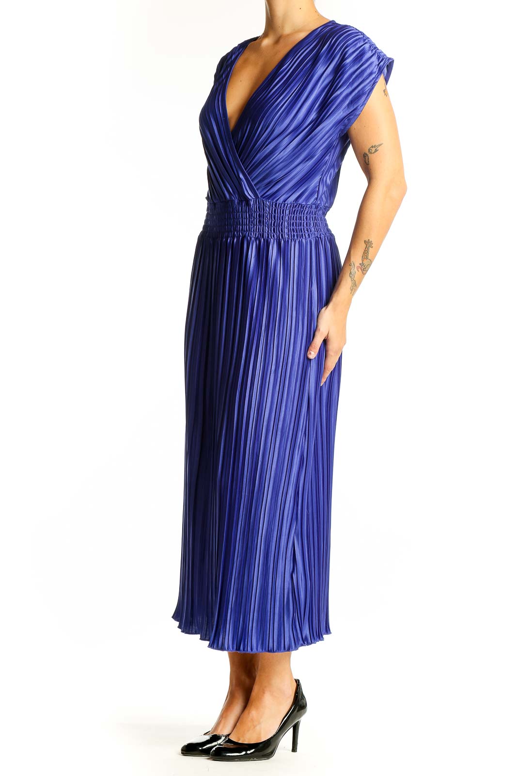 Front view of blue pleated DKNY midi dress with V-neck wrap bodice