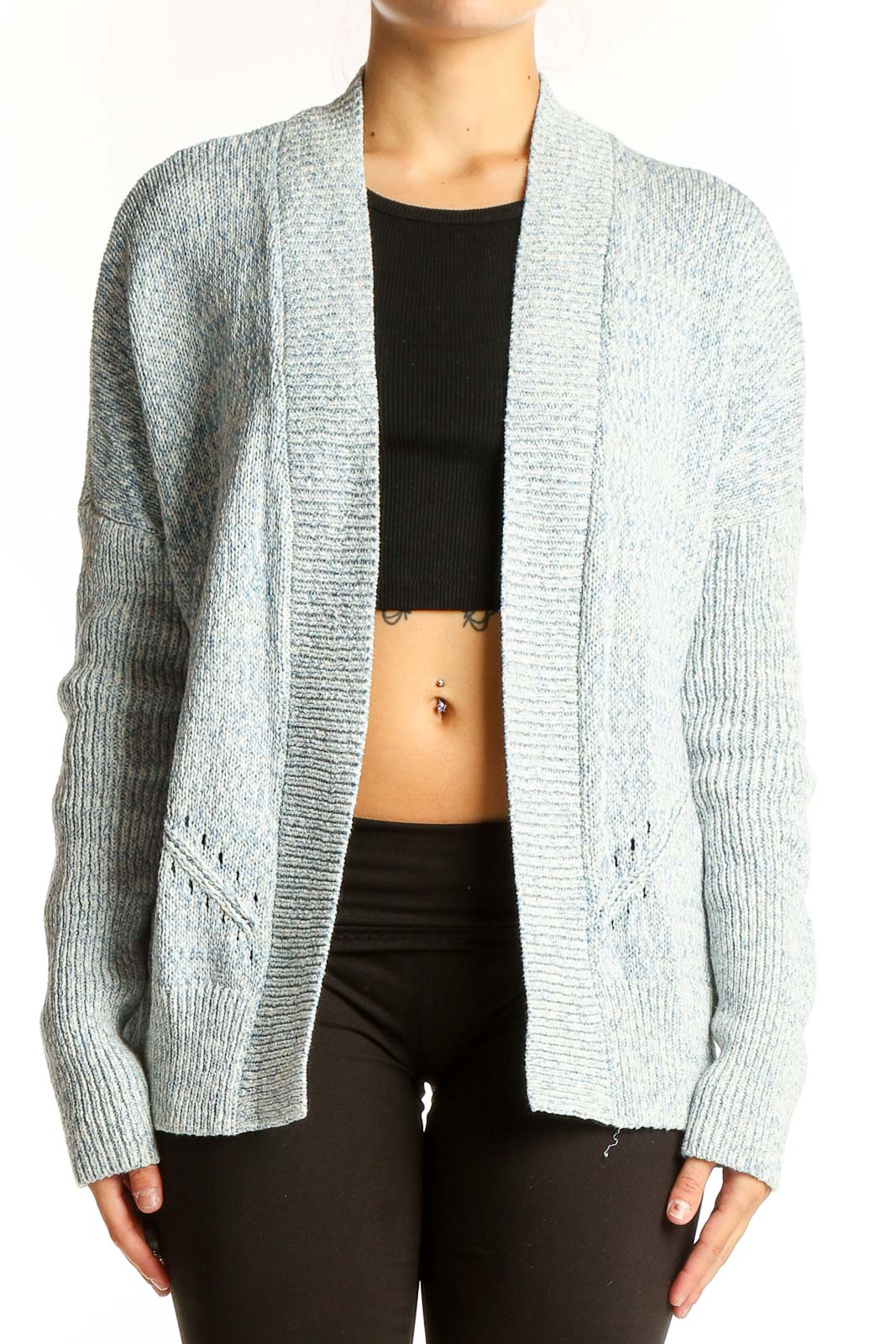 Front view of light blue Gap open front knit cardigan on model