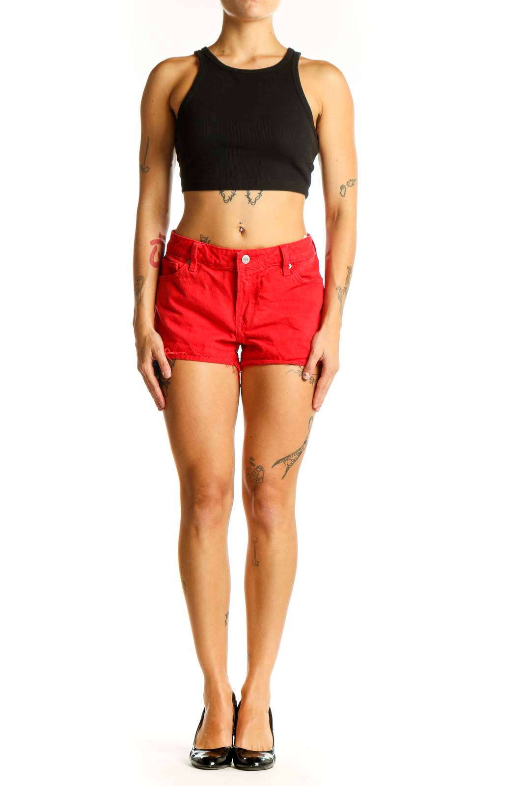 Front view of red Lucky Brand cotton shorts with frayed hem