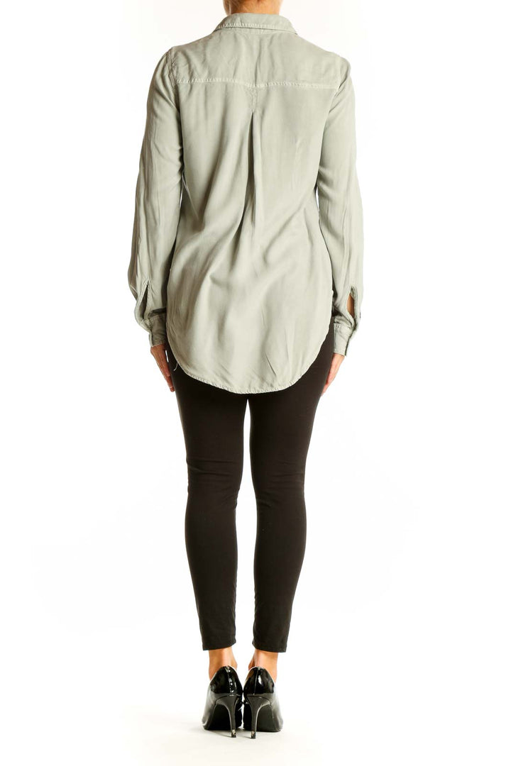 Back view of sage green Rock & Republic button-down shirt on model
