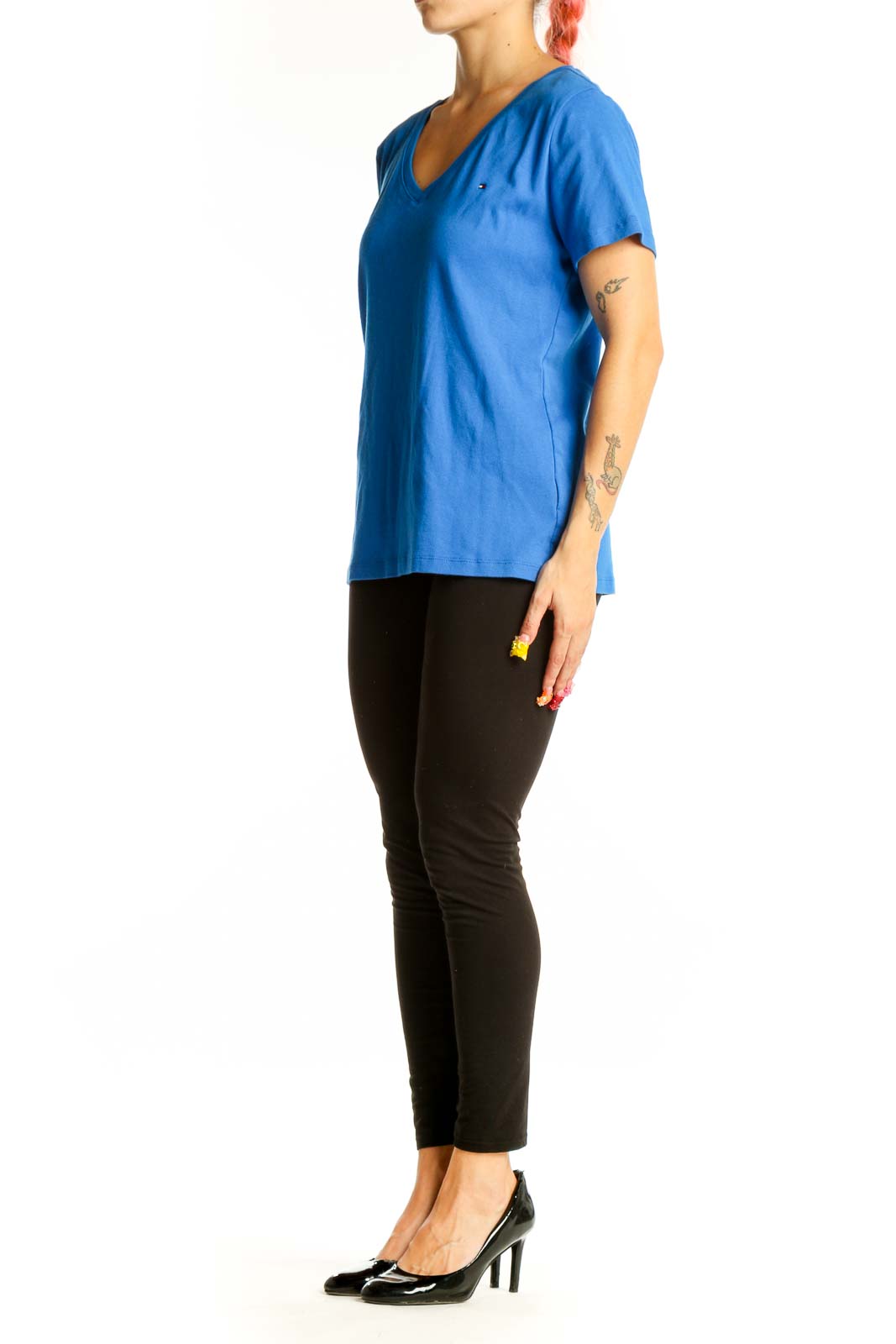 Front view of blue Tommy Hilfiger V-neck T-shirt on model