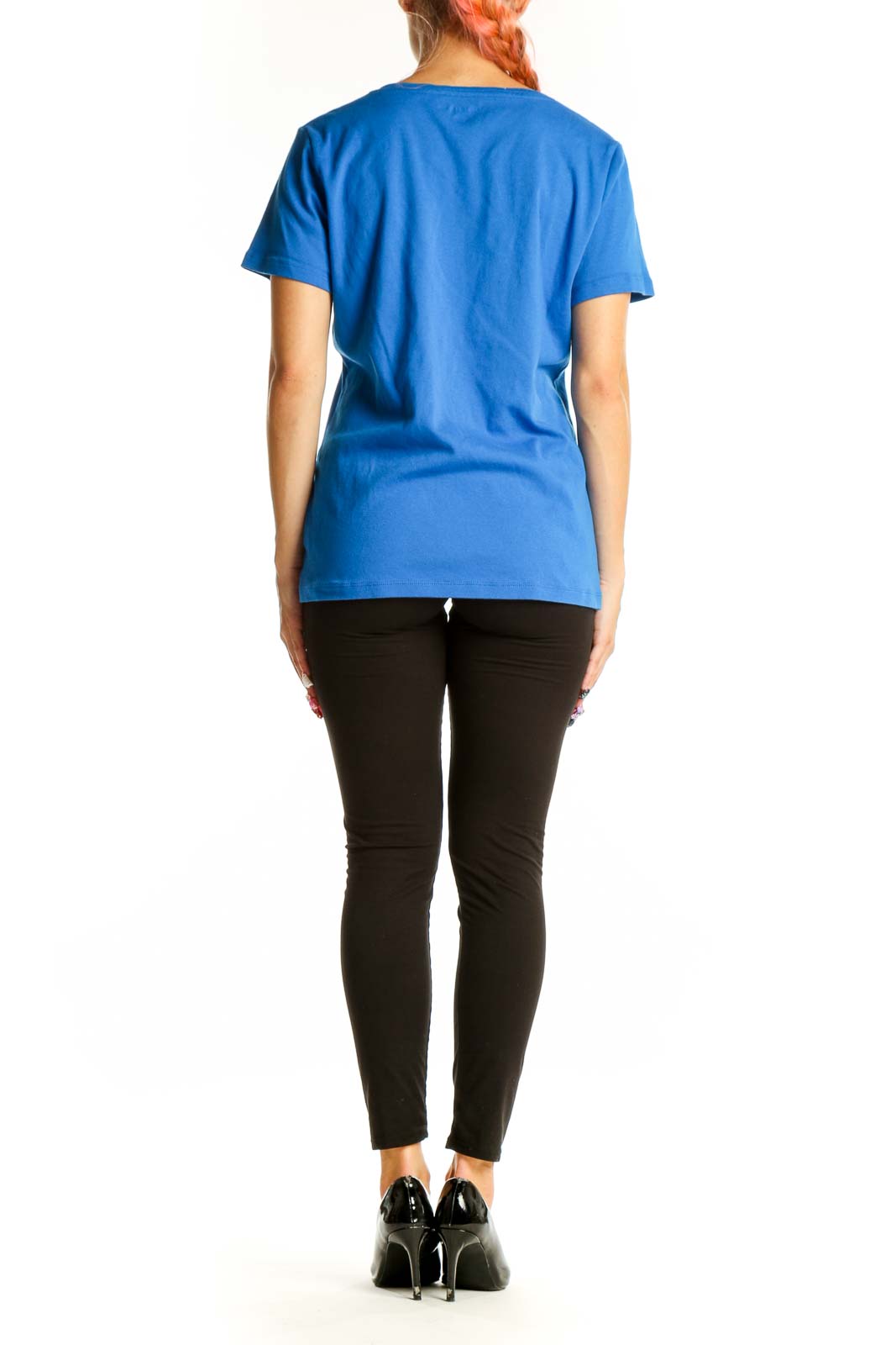 Side view of blue Tommy Hilfiger V-neck T-shirt on model