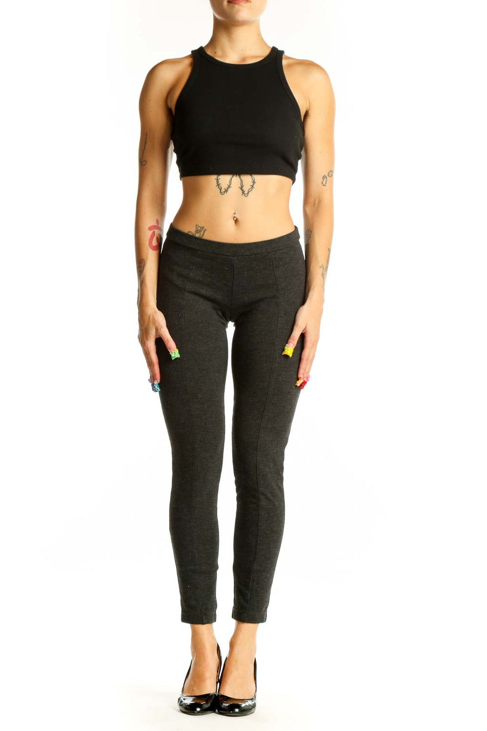 Front view of Theory charcoal slim fit ankle-length pants