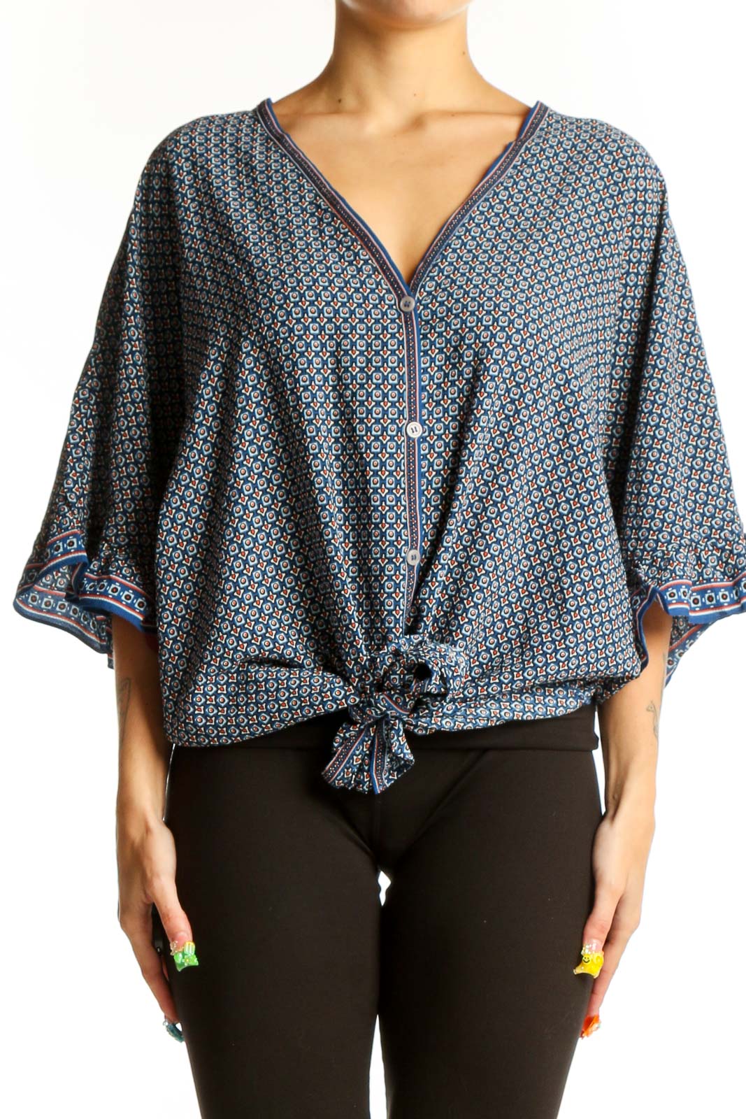 Front view of Max Studio Blue Geometric Print Tie-Front Blouse