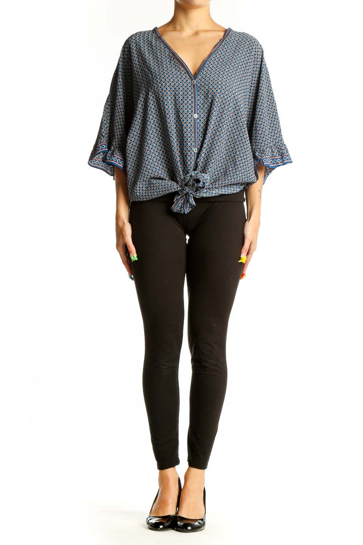 Front view of Max Studio Blue Geometric Print Tie-Front Blouse