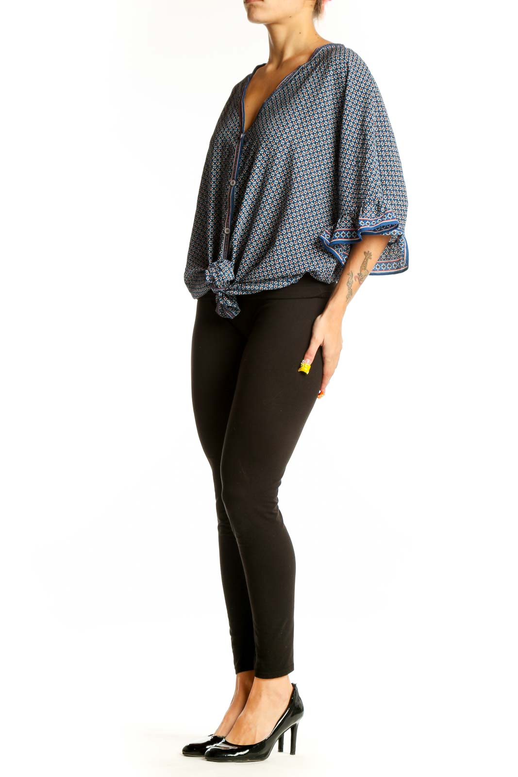 Front view of Max Studio Blue Geometric Print Tie-Front Blouse