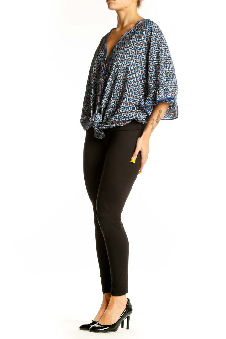 Front view of Max Studio Blue Geometric Print Tie-Front Blouse