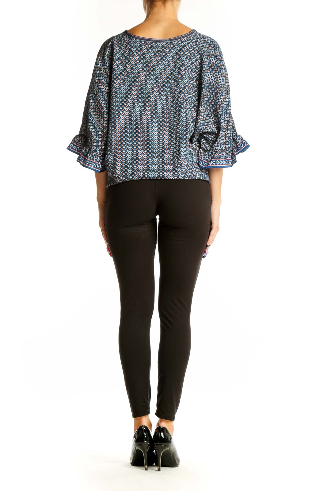 Side view of Max Studio Blue Geometric Print Tie-Front Blouse on model