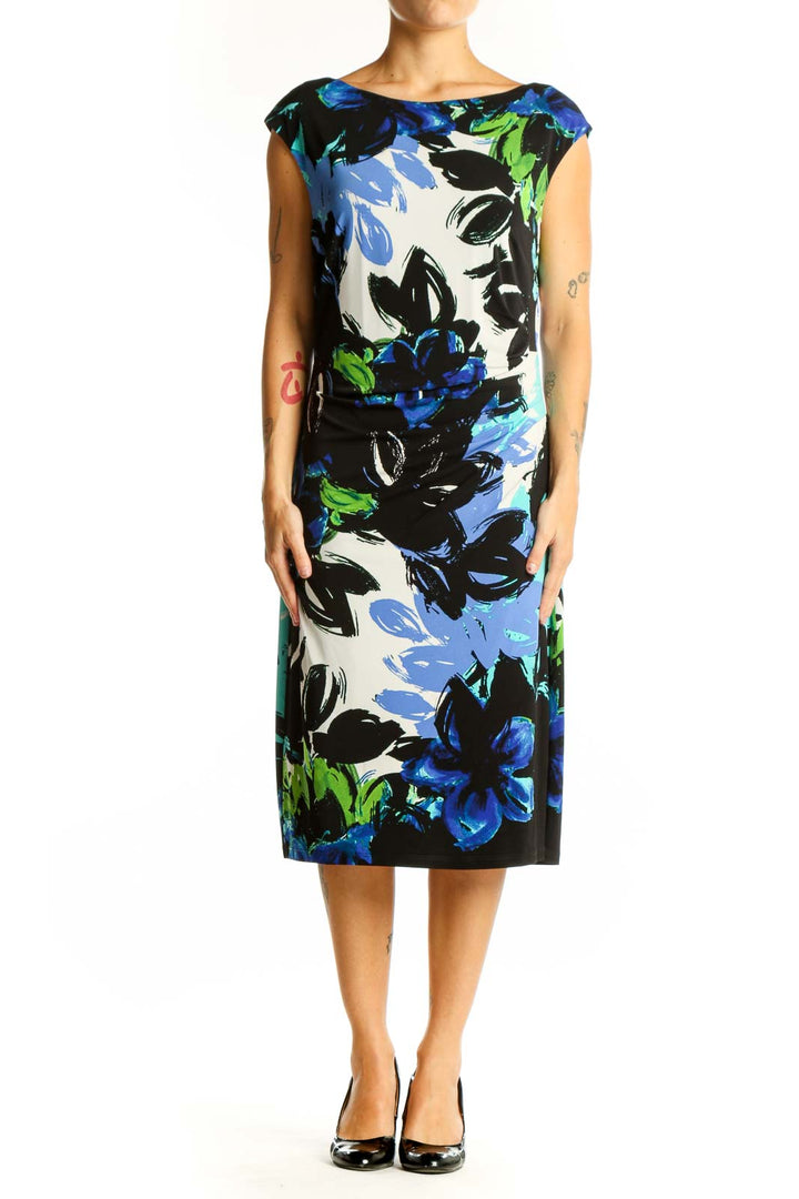 Front view of Lauren Ralph Lauren blue floral print midi dress
