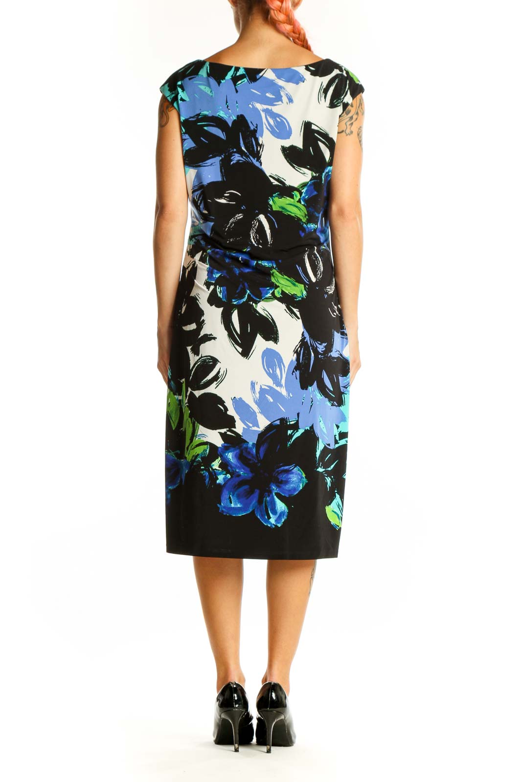Side view of Lauren Ralph Lauren blue floral print midi dress