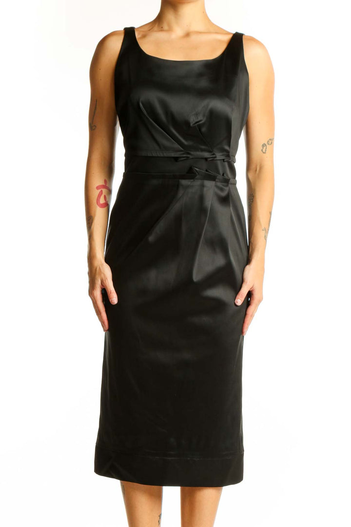Front view of black satin midi dress with wrapped waist detail