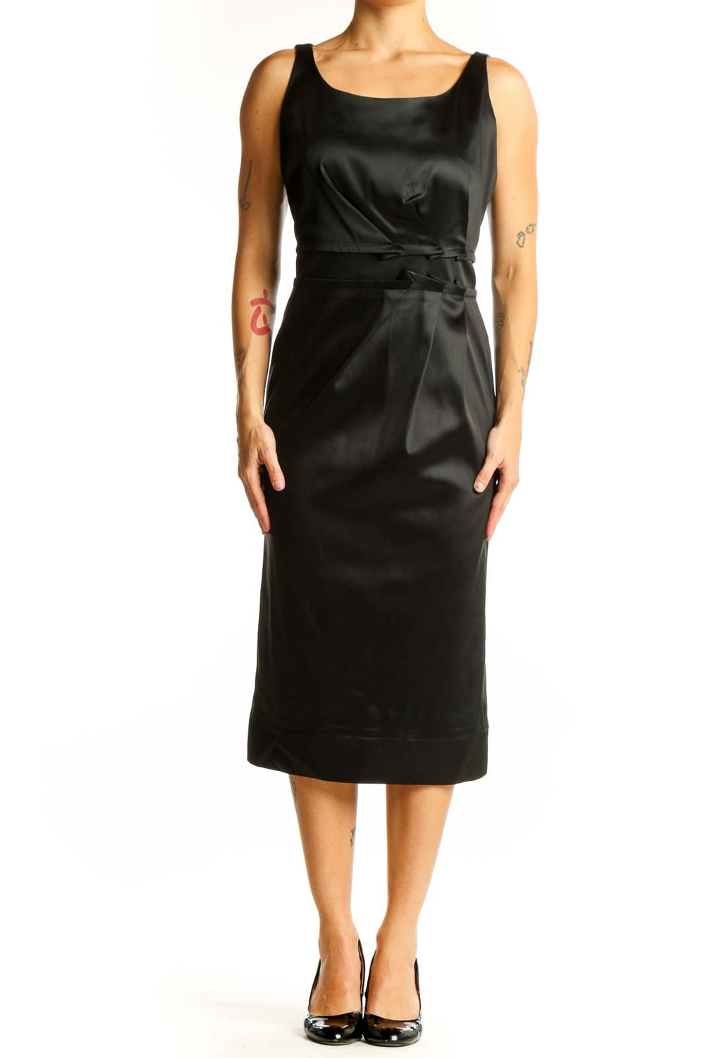 Front view of black satin midi dress with wrapped waist detail
