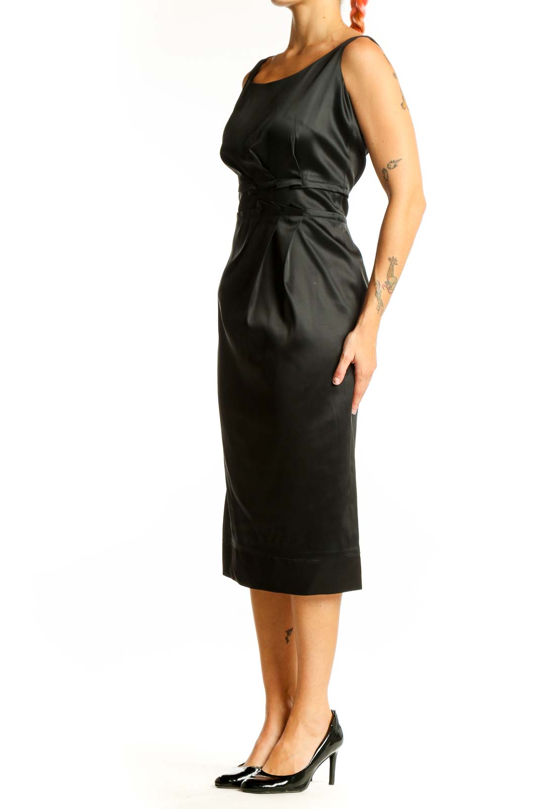 Front view of black satin midi dress with wrapped waist detail