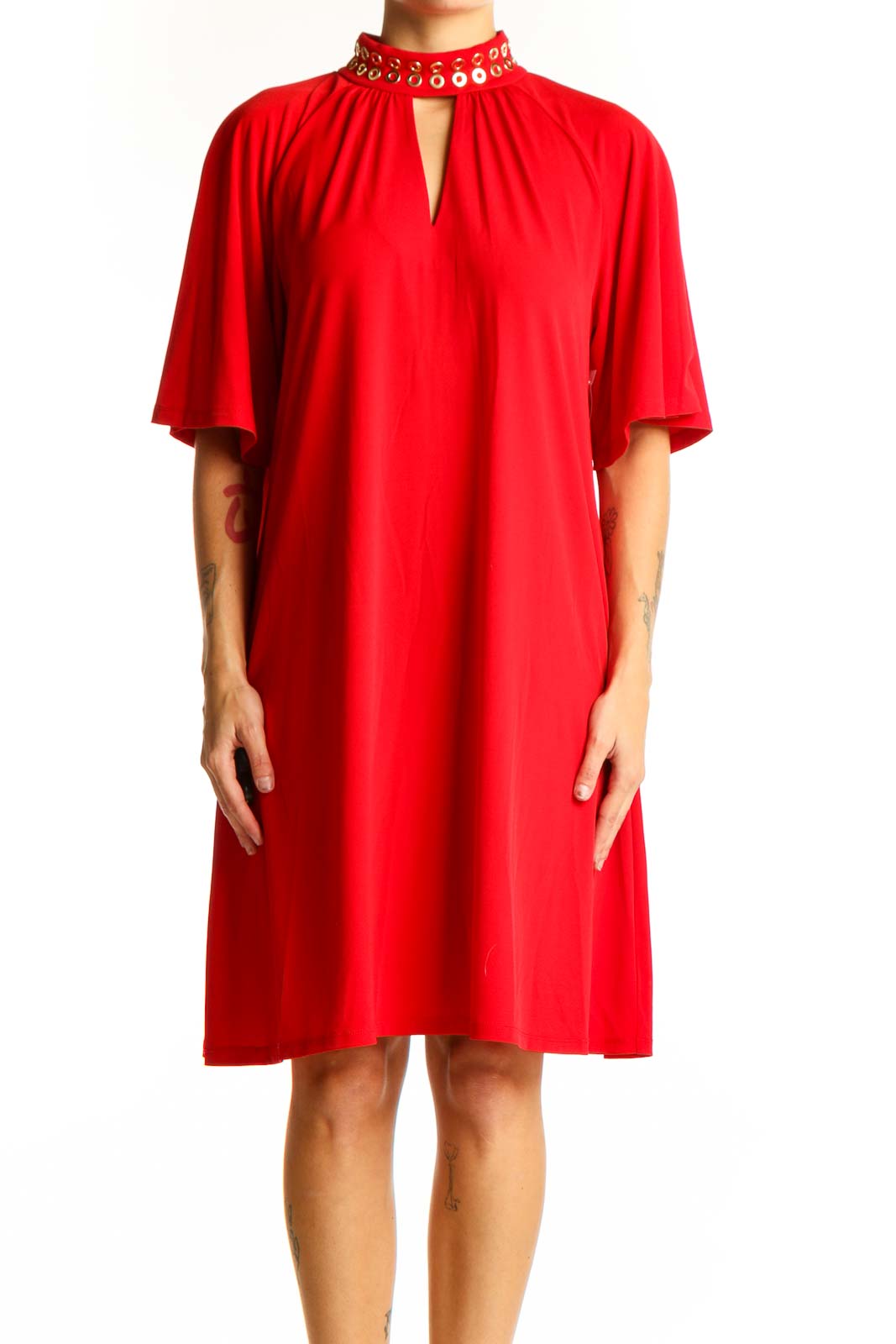 Front view of red MICHAEL Michael Kors shift dress with embellished high neck