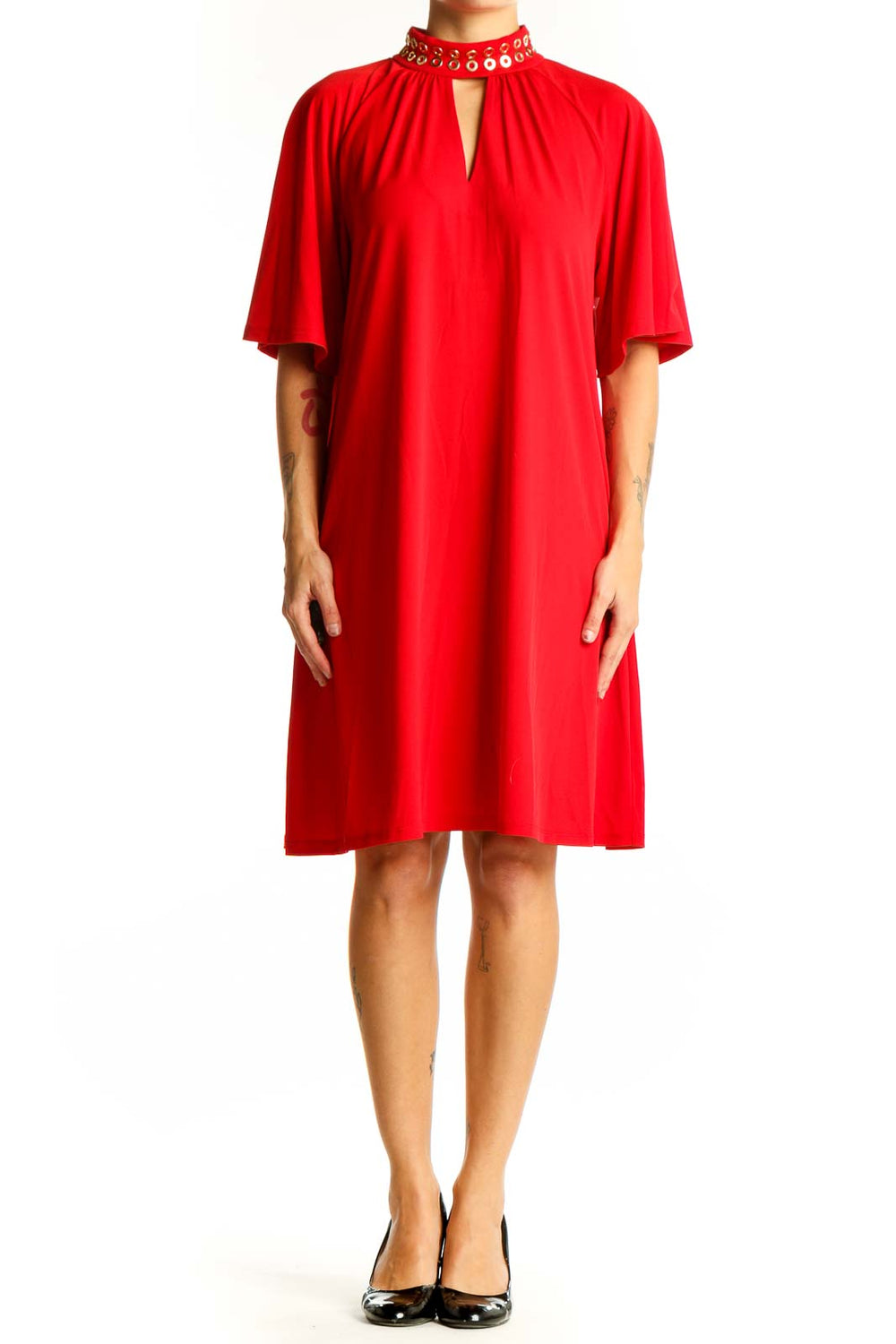 Front view of red MICHAEL Michael Kors shift dress with embellished high neck