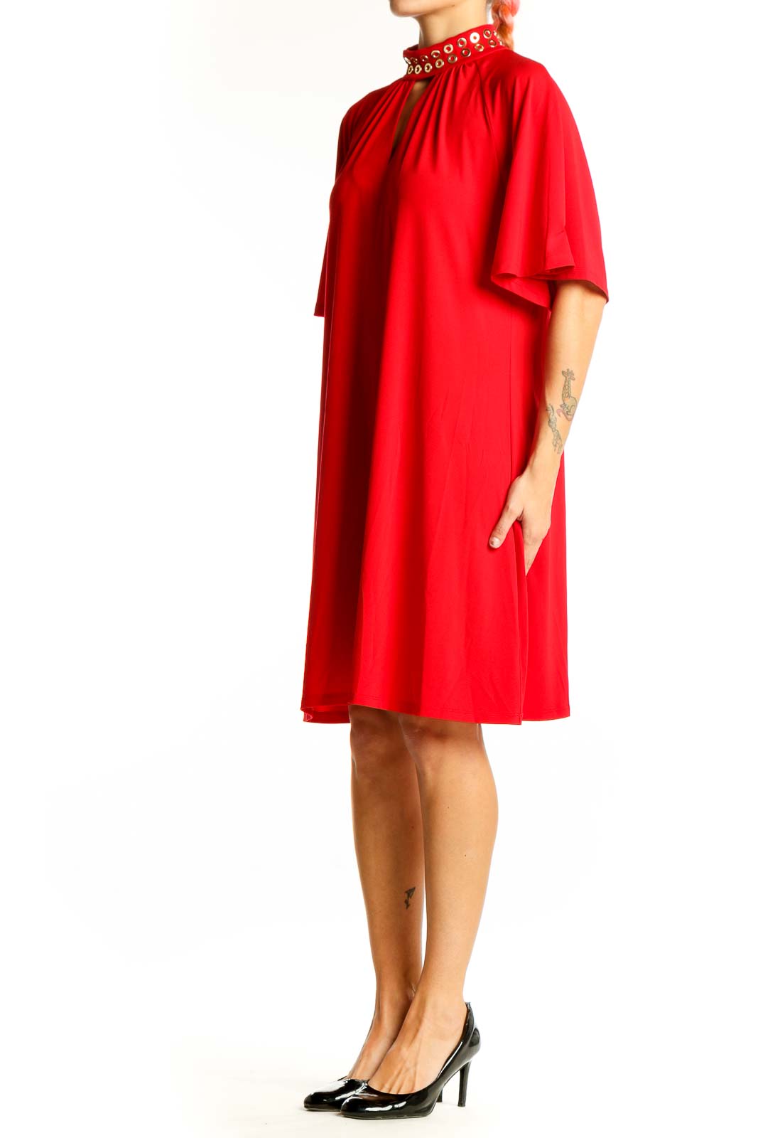 Front view of red MICHAEL Michael Kors shift dress with embellished high neck