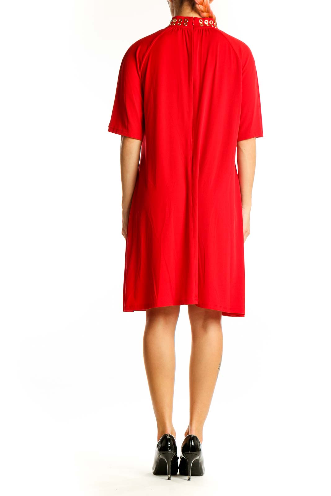 Back view of red MICHAEL Michael Kors shift dress showing flowing silhouette