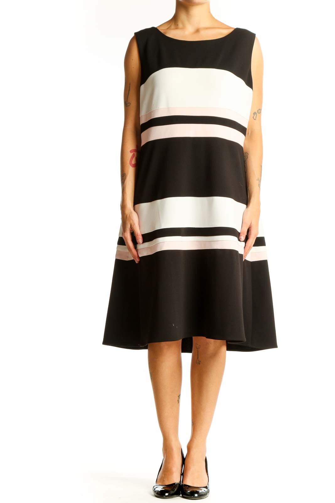Front view of Tommy Hilfiger black and white striped A-line midi dress
