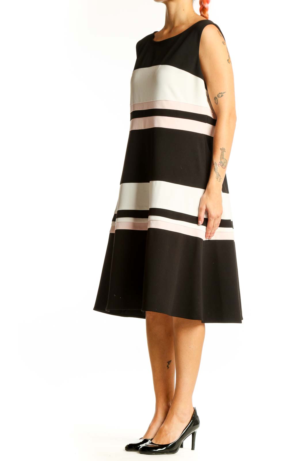 Front view of Tommy Hilfiger black and white striped A-line midi dress