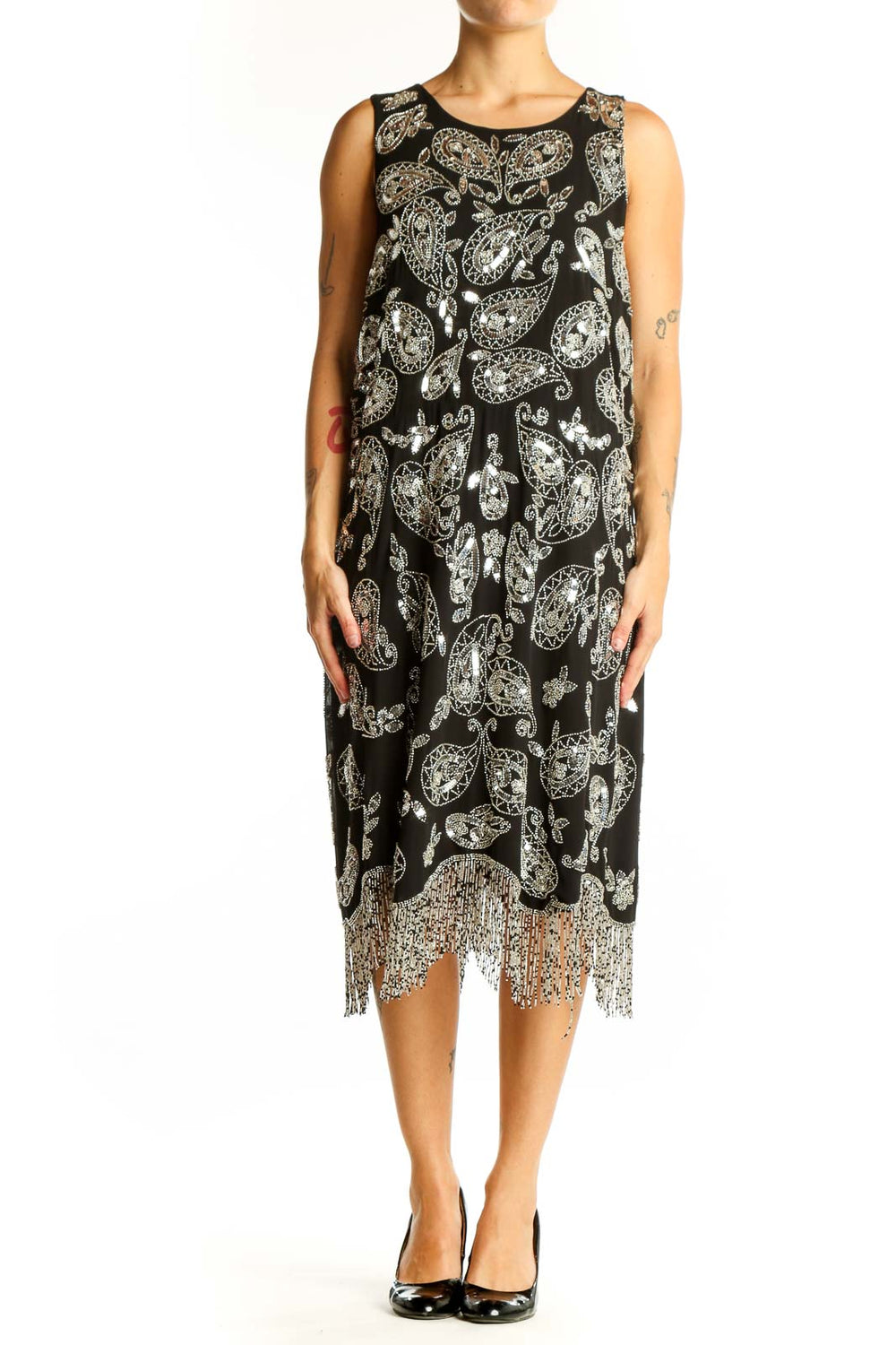 Front view of MICHAEL Michael Kors Black Paisley Print Sleeveless Midi Dress with beaded fringe hem