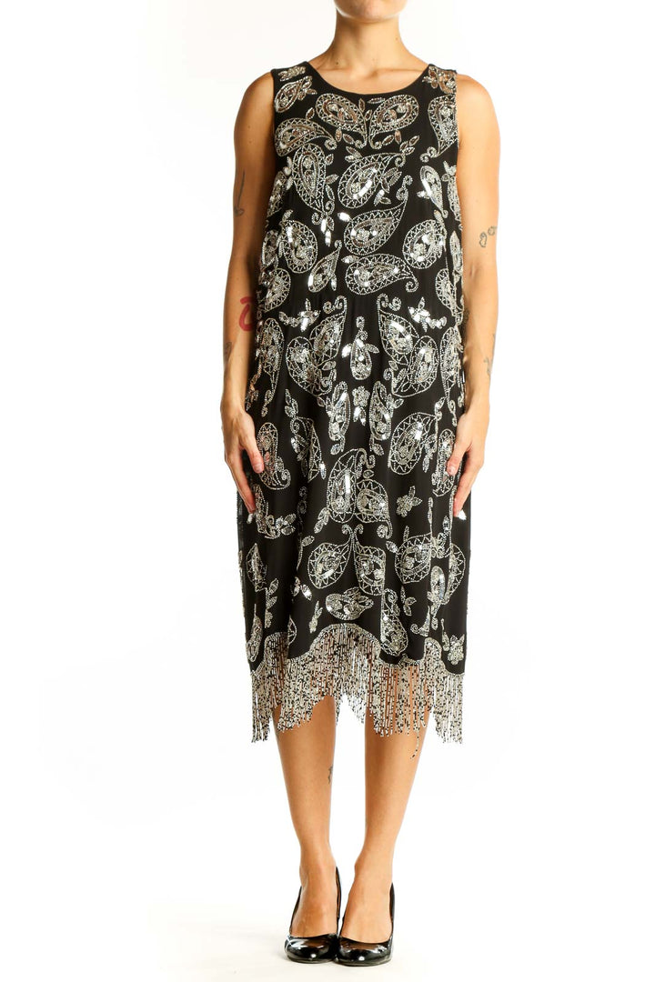 Front view of MICHAEL Michael Kors Black Paisley Print Sleeveless Midi Dress with beaded fringe hem