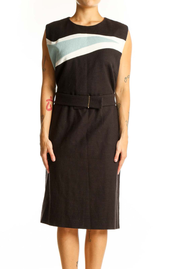 Front view of BOSS by HUGO BOSS black sheath dress with mint and white colorblock detail